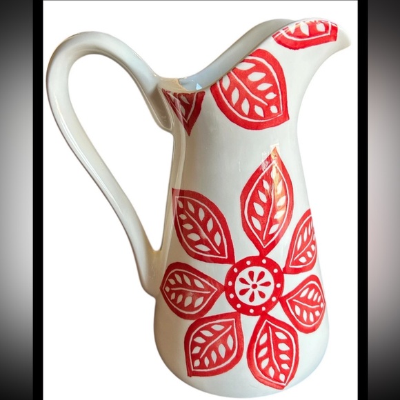 Large Farval Ceramic Pitcher Jug Hand Painted Red Flowers Portugal 11.5in Tall - Picture 3 of 6